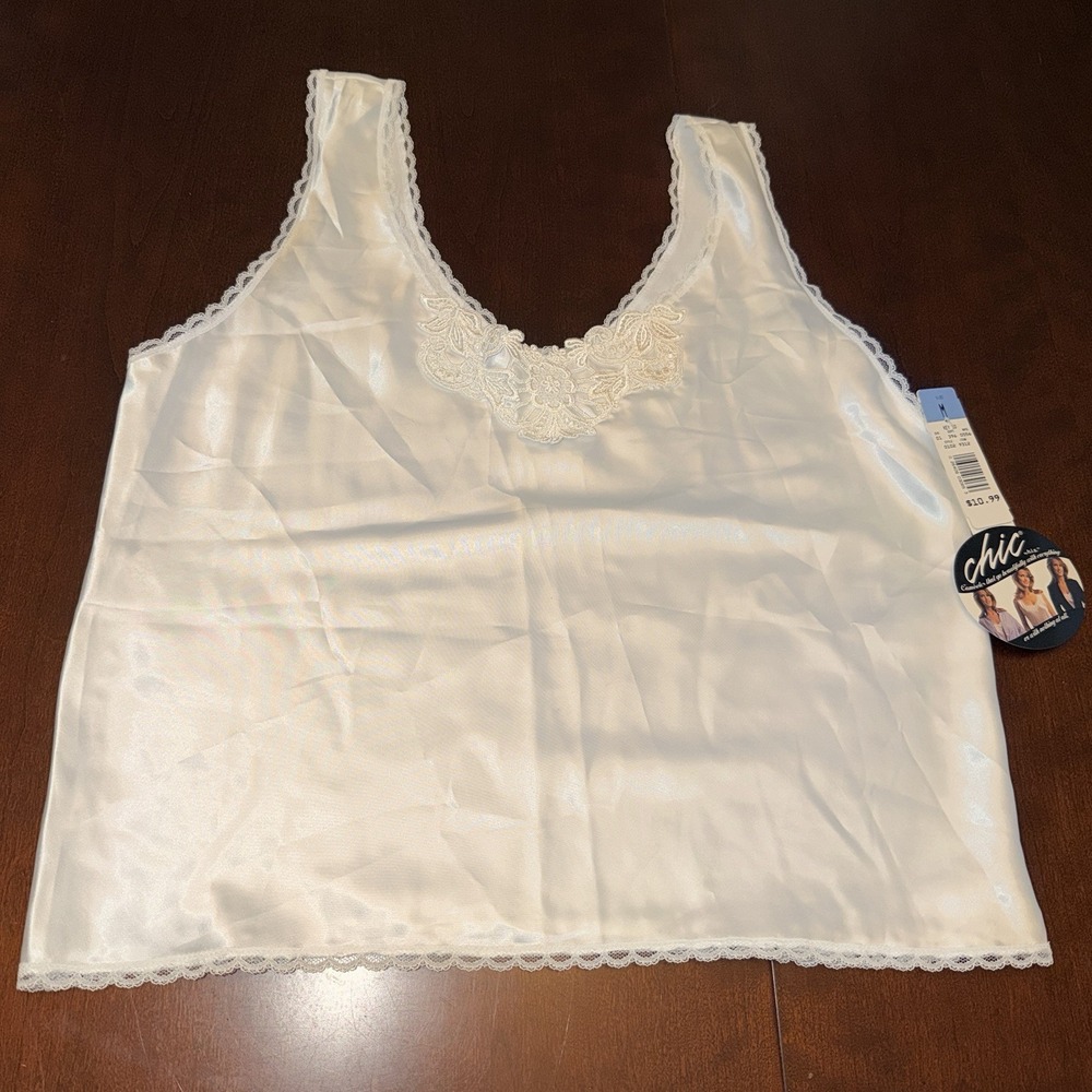 Vintage Body Chic Camisole Womens M White Slip Tank Lace Nylon Lingerie USA